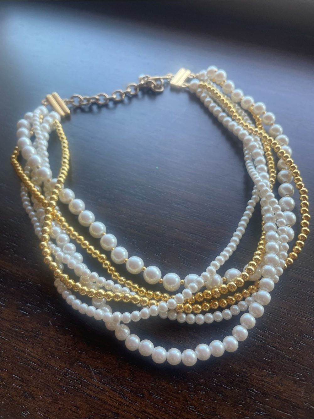 Elegant Multi-Strand Pearl & Gold Bead Necklace - White and Gold